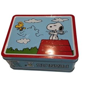Peanuts Snoopy Woodstock Tin Lunch Box Kids Blue Red EXCELLENT Metal Case